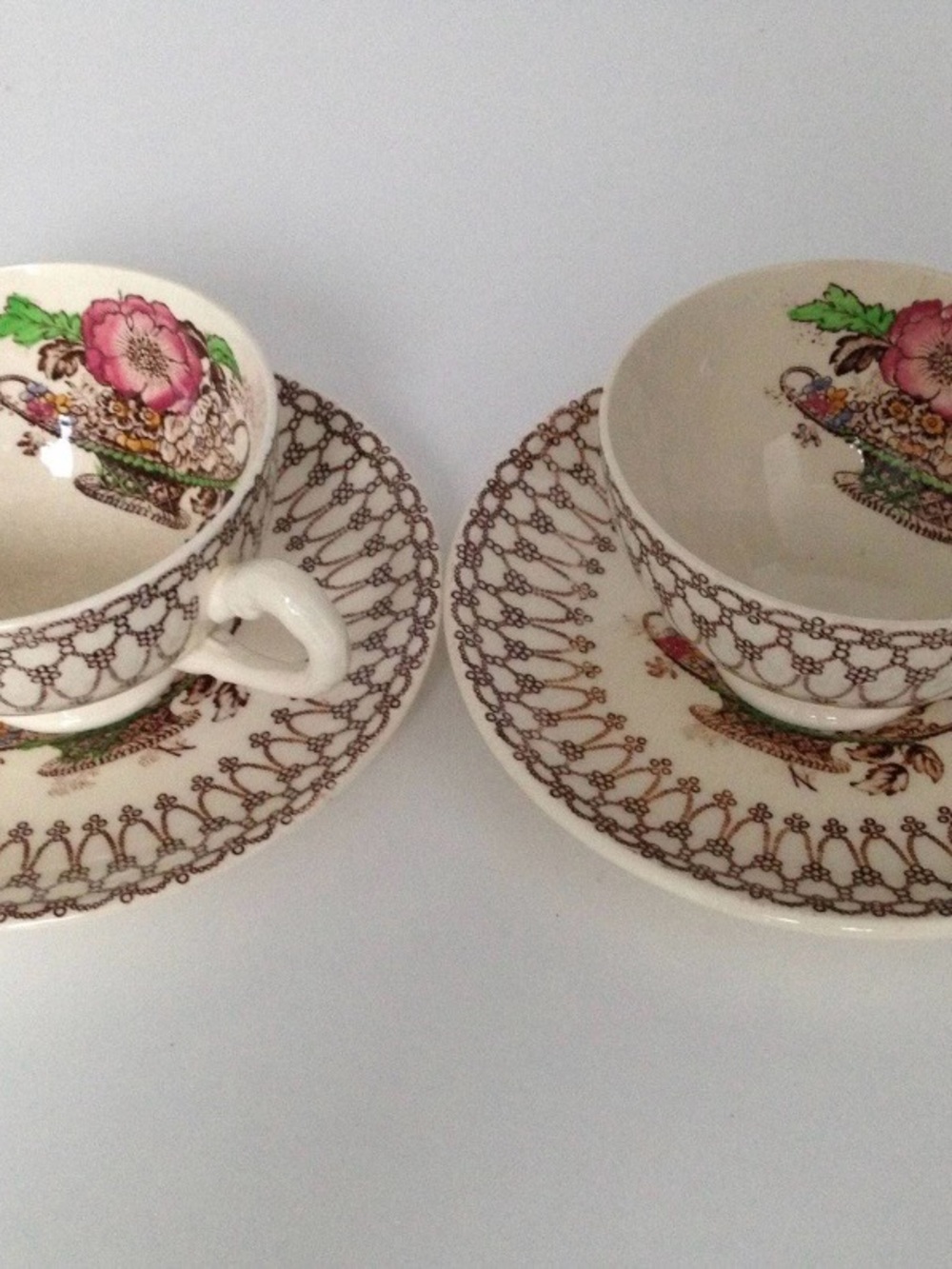Vintage Floral Cream and Pink Teacup and Saucer Set - Brand Myott Son.